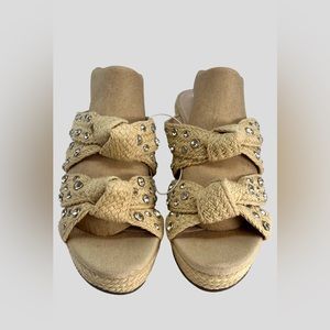 Schutz Enire Crystal Fabric Slide Sandals Size 10.5 Tan Rope Wrapped Wedge